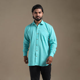 Blue Full Sleeve Slub Cotton Men Plain Shirt
