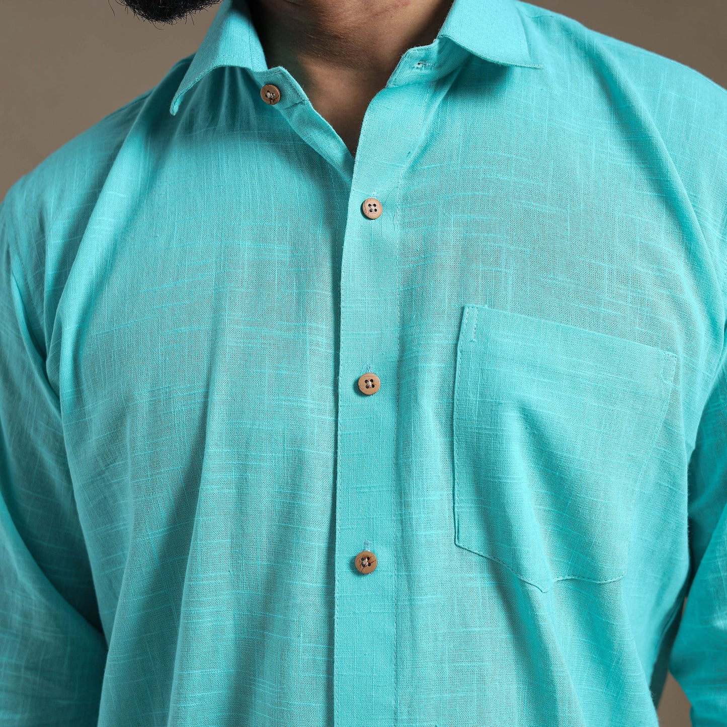 Blue Full Sleeve Slub Cotton Men Plain Shirt