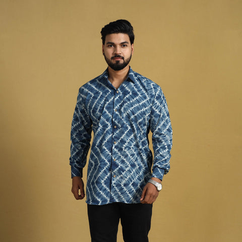  Blue Full Sleeve Tie & Dye Cotton Men Shibori Shirt