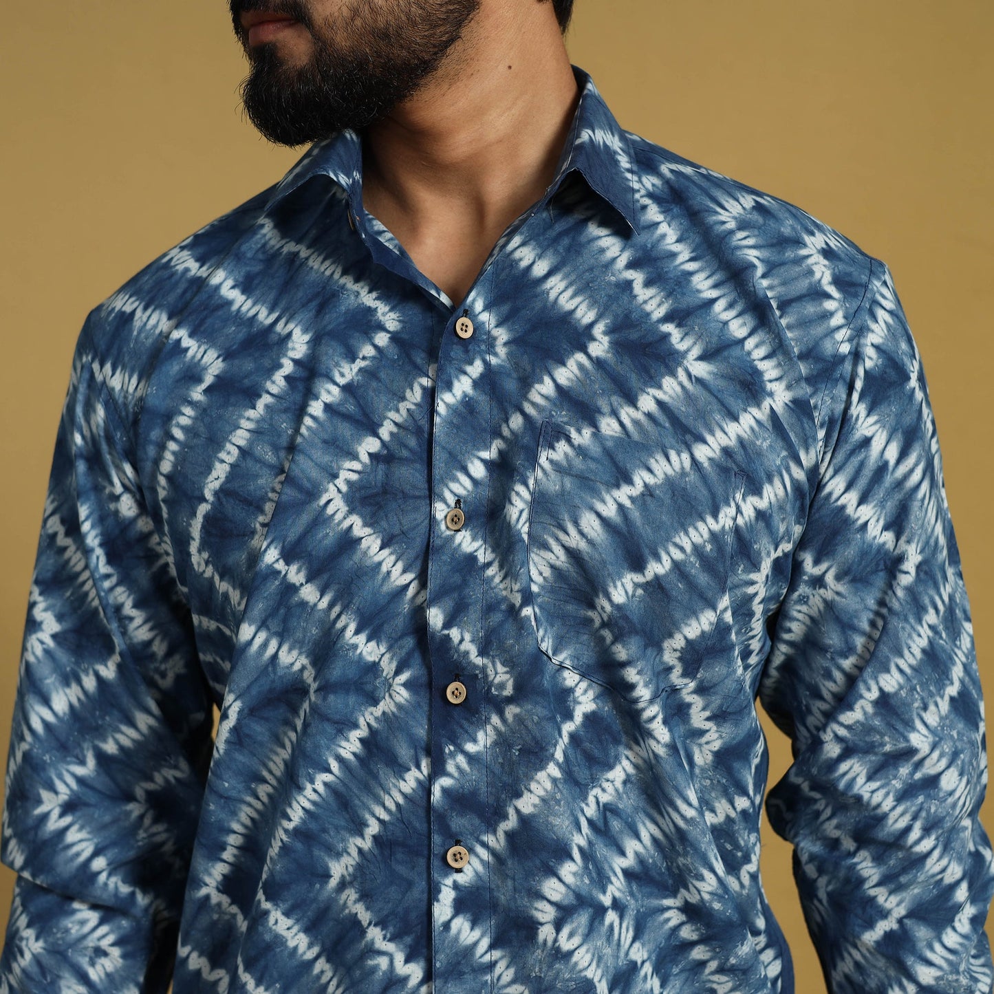  Blue Full Sleeve Tie & Dye Cotton Men Shibori Shirt
