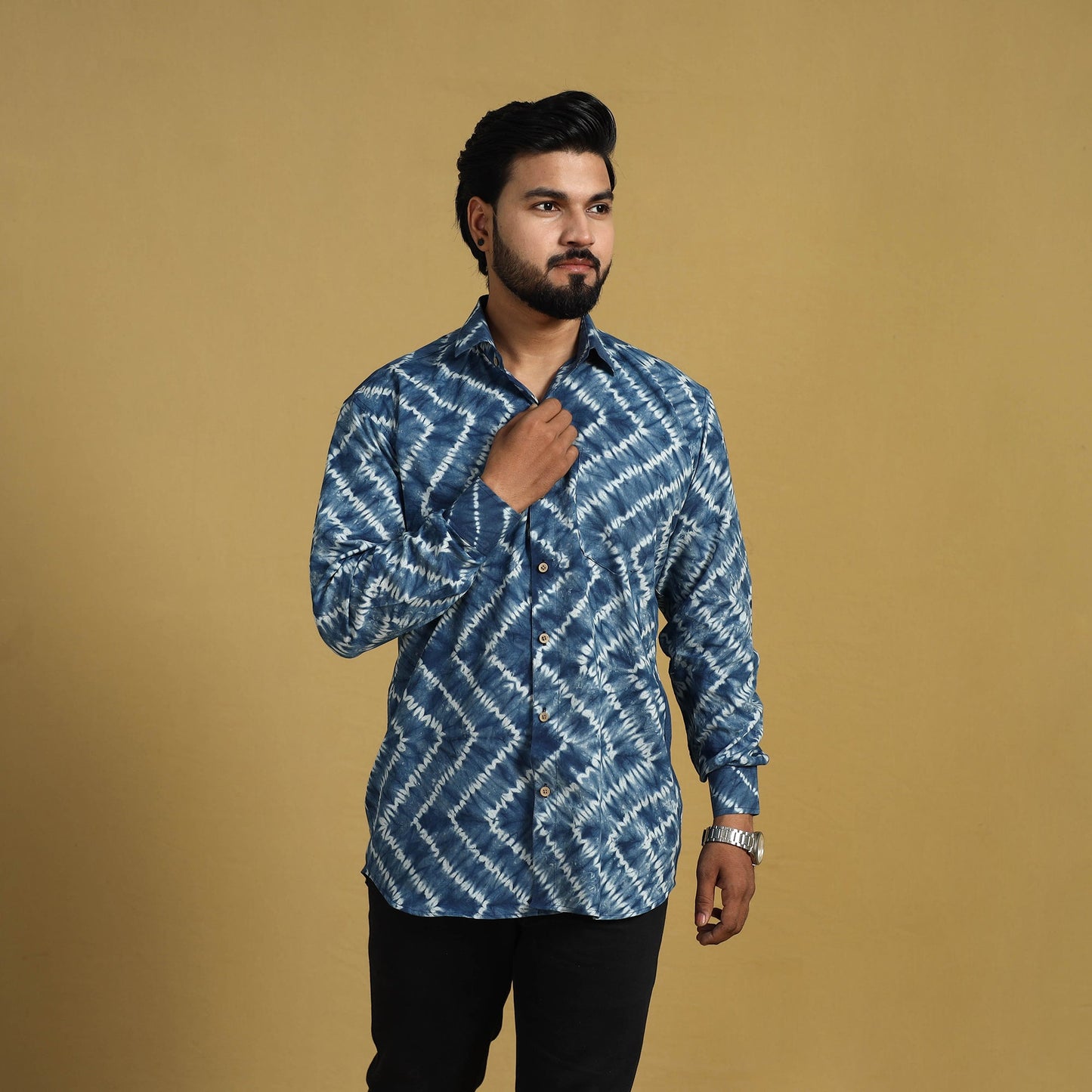  Blue Full Sleeve Tie & Dye Cotton Men Shibori Shirt
