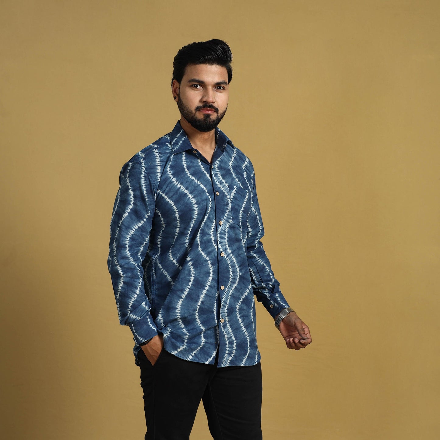  Blue Full Sleeve Tie & Dye Cotton Men Shibori Shirt