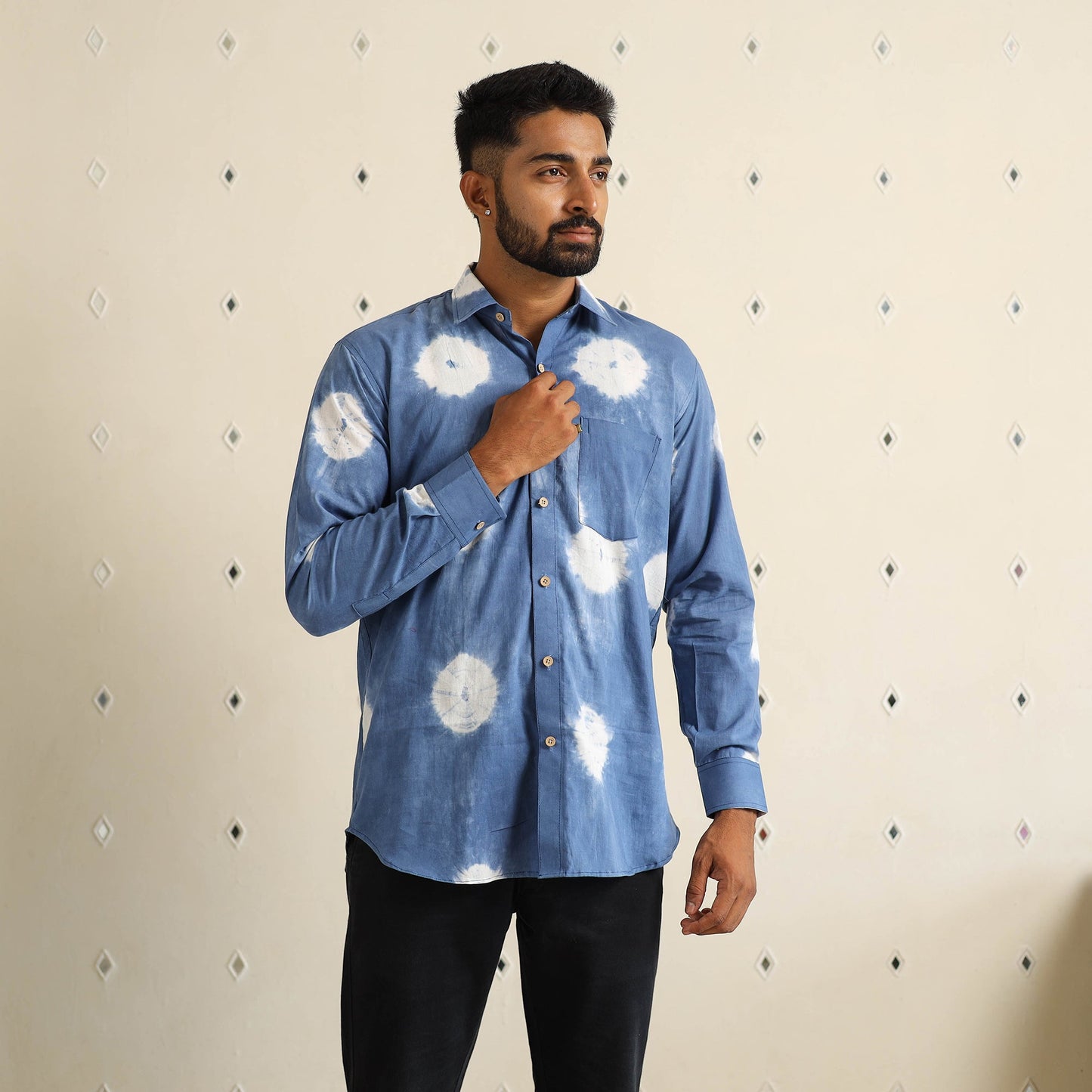 Blue Full Sleeve Tie & Dye Cotton Men Shibori Shirt