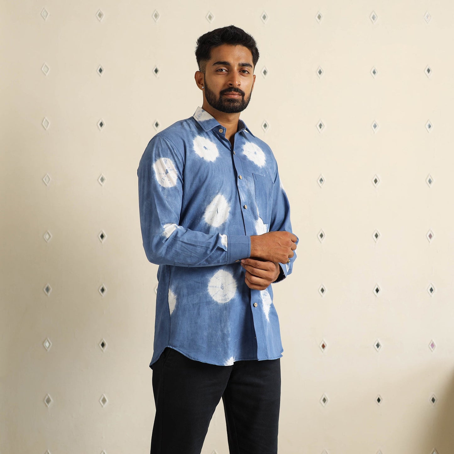 Blue Full Sleeve Tie & Dye Cotton Men Shibori Shirt