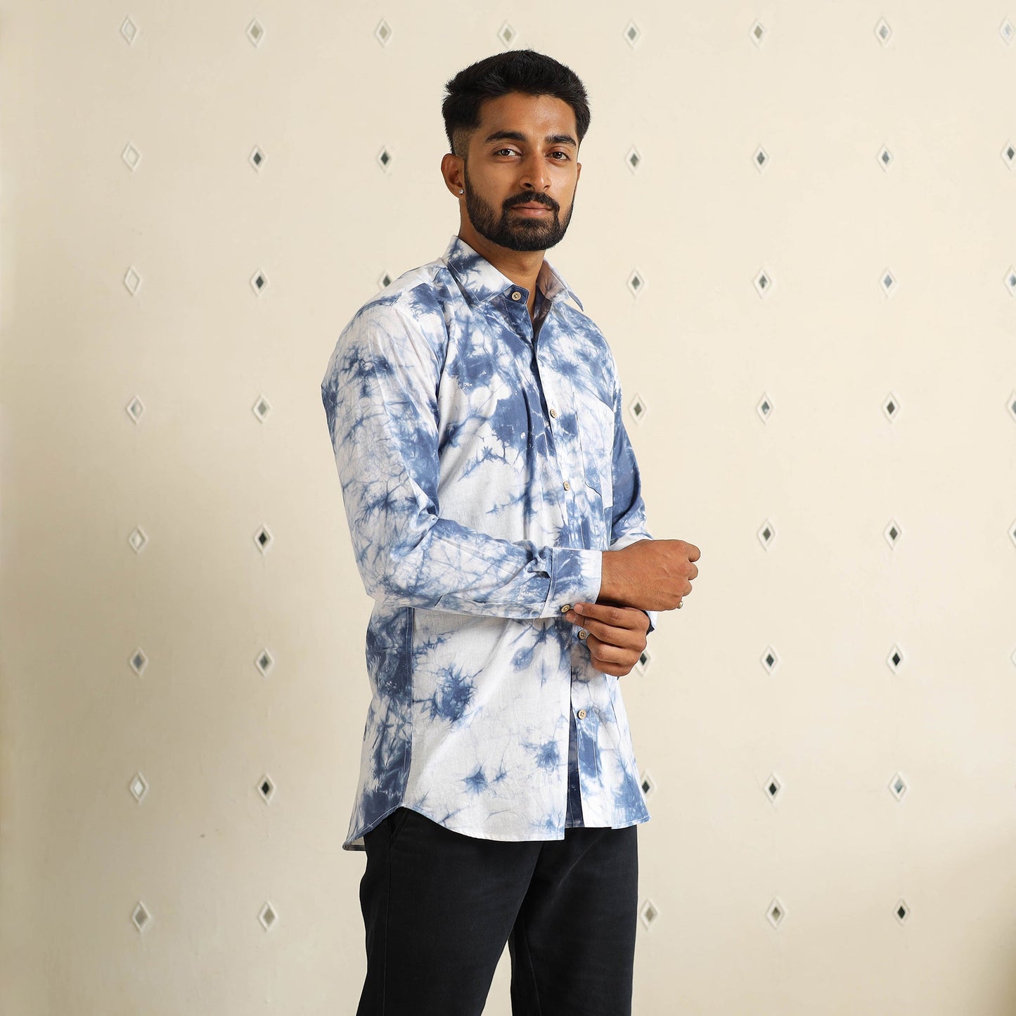 Blue Full Sleeve Tie & Dye Cotton Men Shibori Shirt
