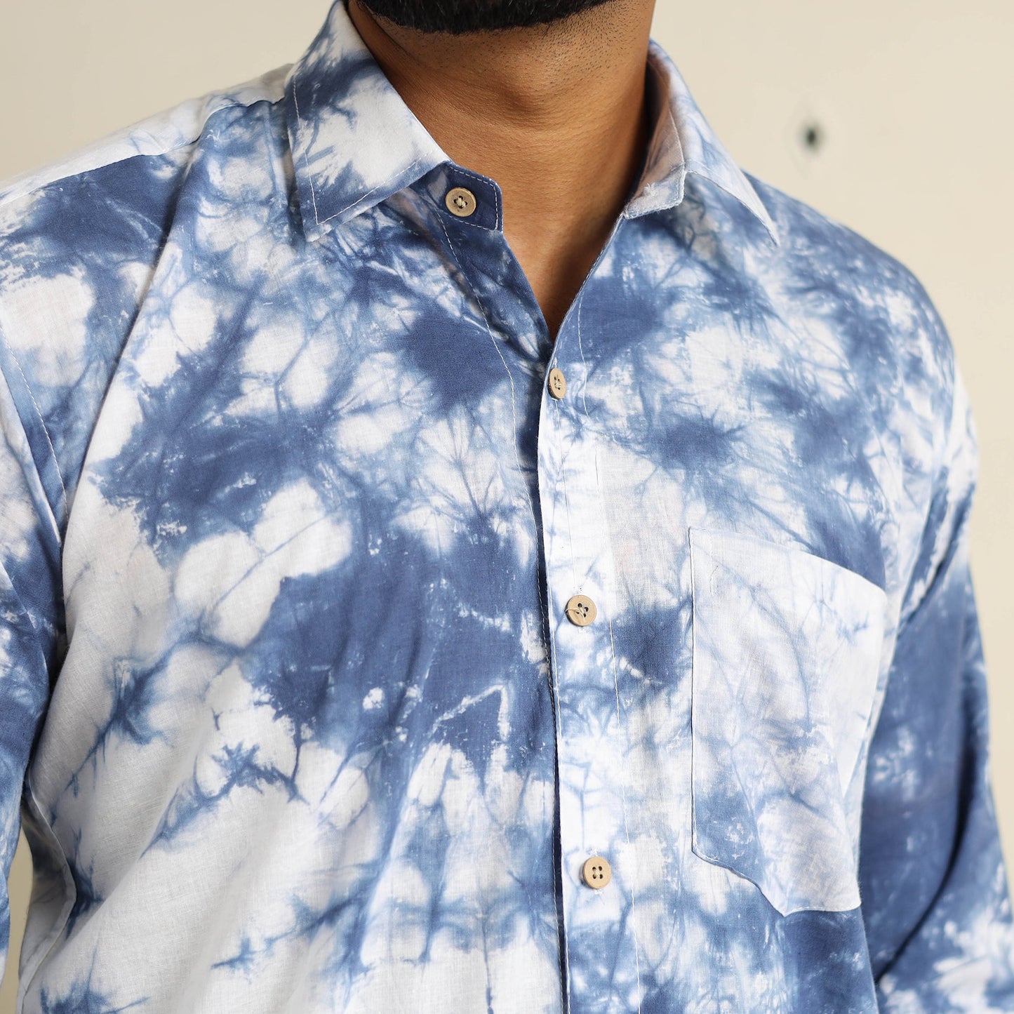 Blue Full Sleeve Tie & Dye Cotton Men Shibori Shirt