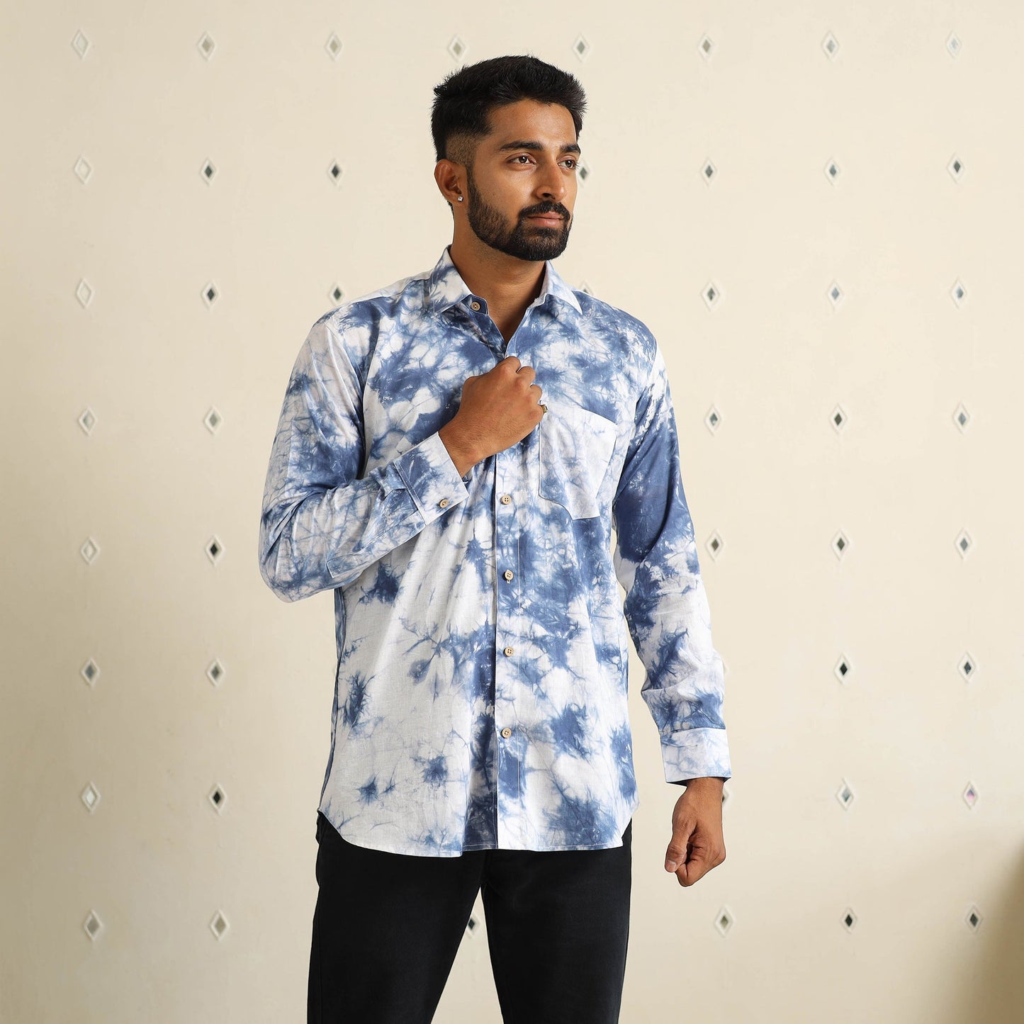 Blue Full Sleeve Tie & Dye Cotton Men Shibori Shirt