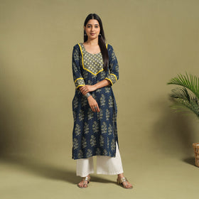 Fusion Mul Cotton Straight Blue Ajrakh Kurta for Women