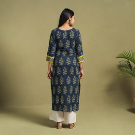 Fusion Mul Cotton Straight Blue Ajrakh Kurta for Women