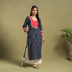 Fusion Mul Cotton Straight Blue Ajrakh Kurta for Women
