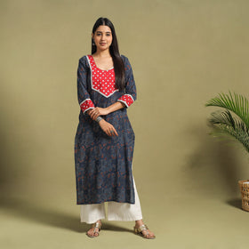 Fusion Mul Cotton Straight Blue Ajrakh Kurta for Women