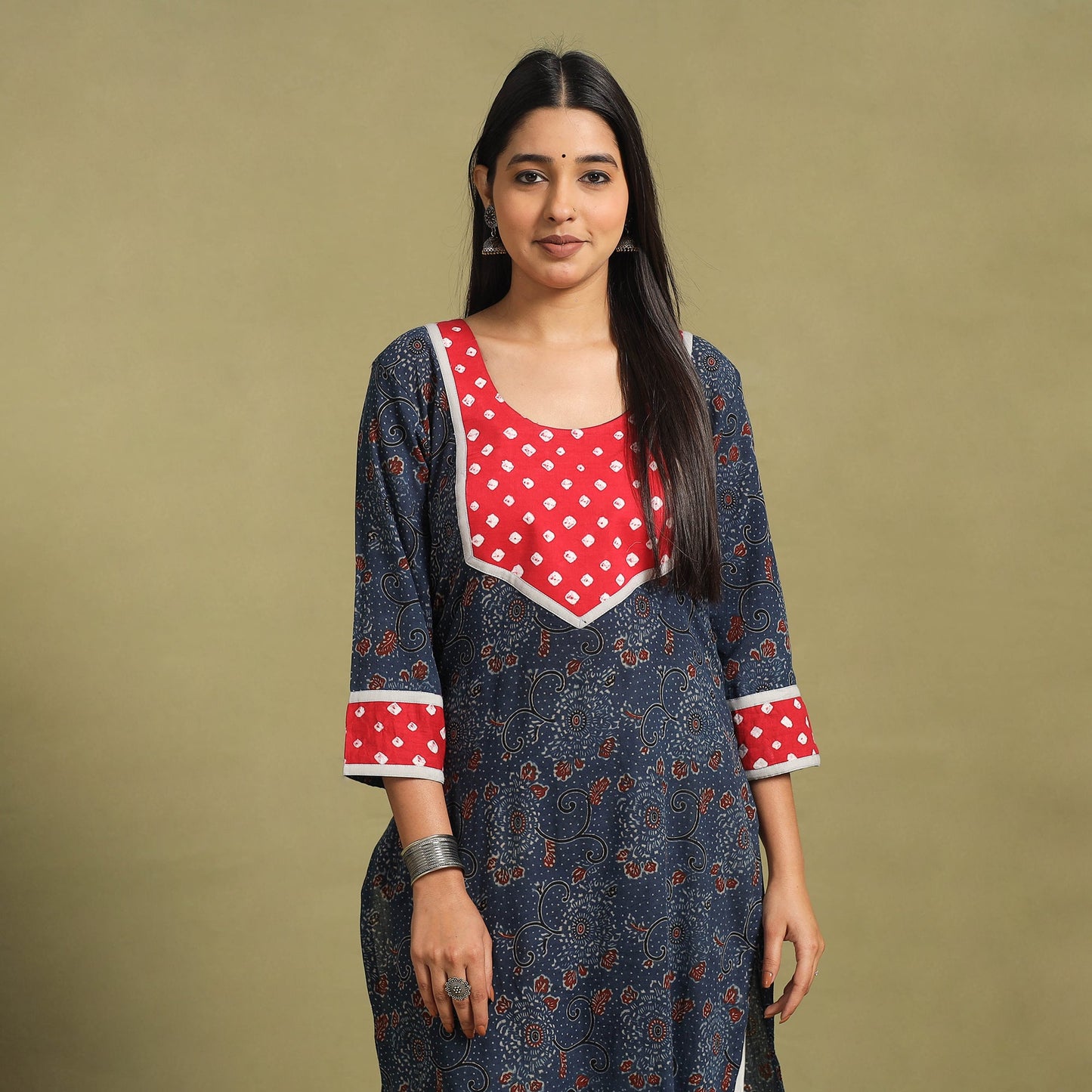 Fusion Mul Cotton Straight Blue Ajrakh Kurta for Women