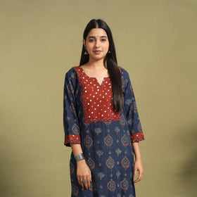 Fusion Mul Cotton Straight Blue Ajrakh Kurta for Women