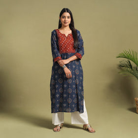 Fusion Mul Cotton Straight Blue Ajrakh Kurta for Women