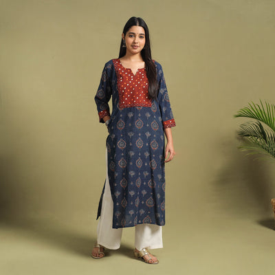Fusion Mul Cotton Straight Blue Ajrakh Kurta for Women