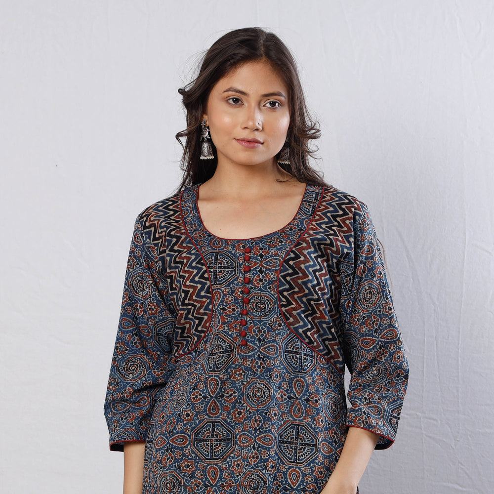 Buy Indigo Red Geometric Buta Ajrakh Block Printed Cotton Long Kurta Online l iTokri.com