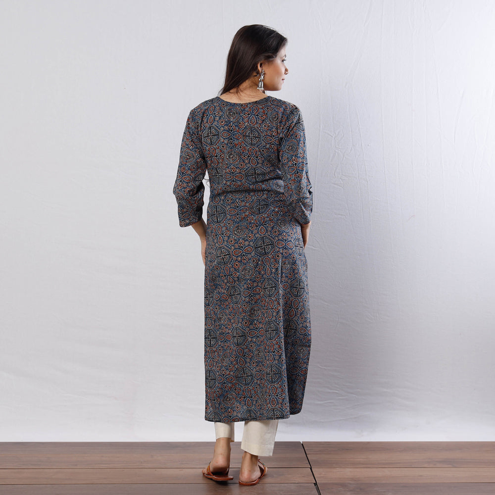 Buy Indigo Red Geometric Buta Ajrakh Block Printed Cotton Long Kurta Online l iTokri.com