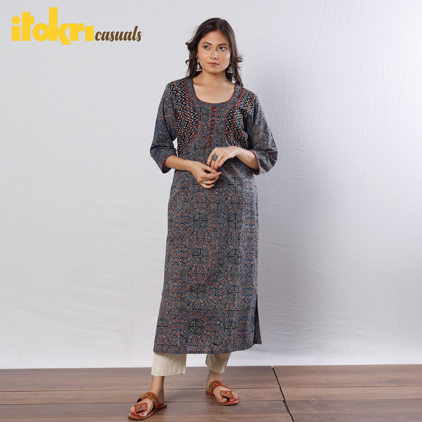 Buy Indigo Red Geometric Buta Ajrakh Block Printed Cotton Long Kurta Online l iTokri.com