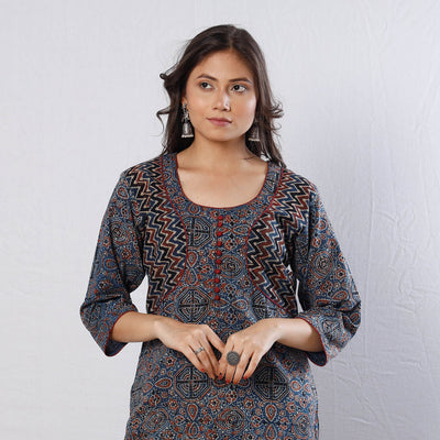 Buy Indigo Red Geometric Buta Ajrakh Block Printed Cotton Long Kurta Online l iTokri.com