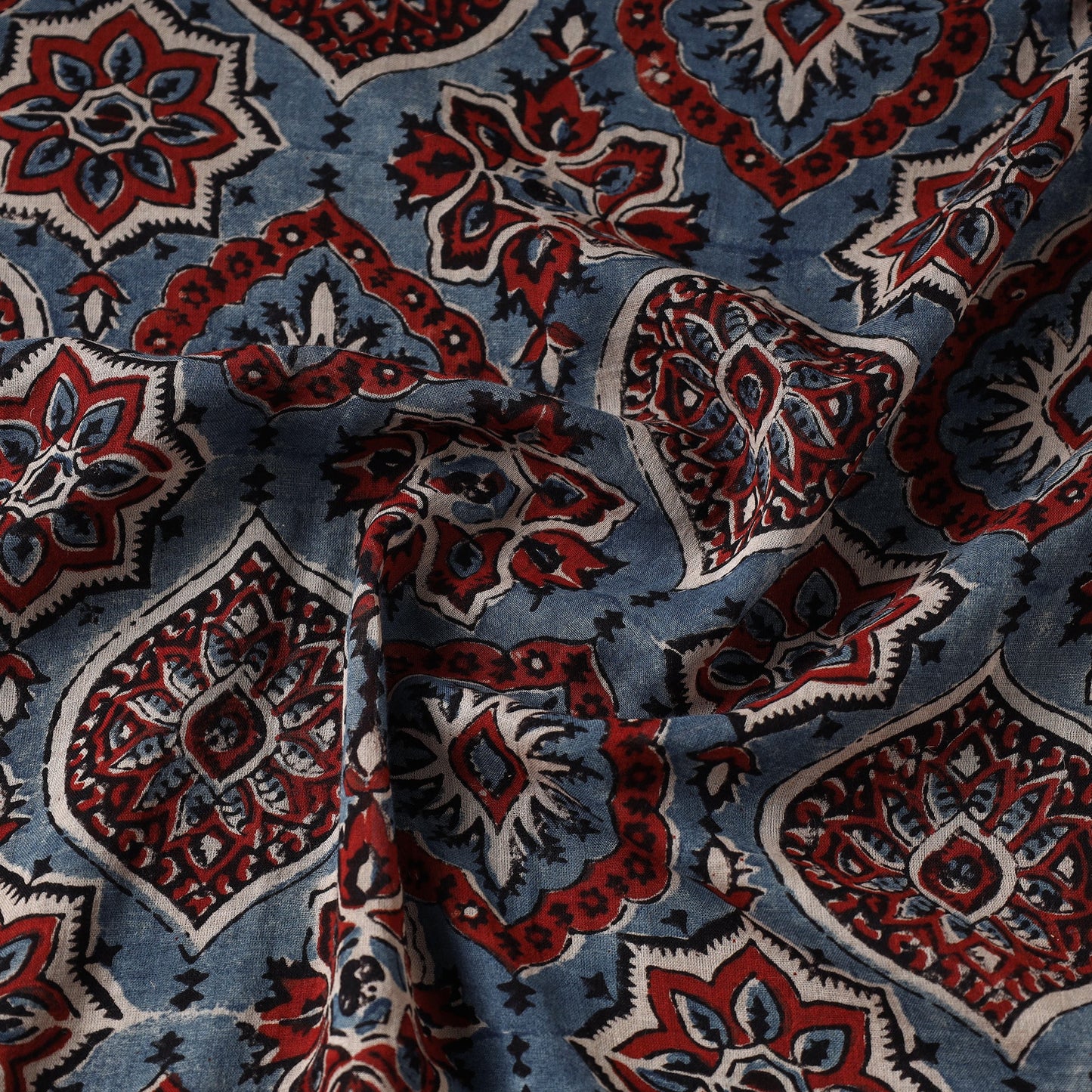 Blue with Geometrical Block Print Mul Cotton Ajrakh Fabric