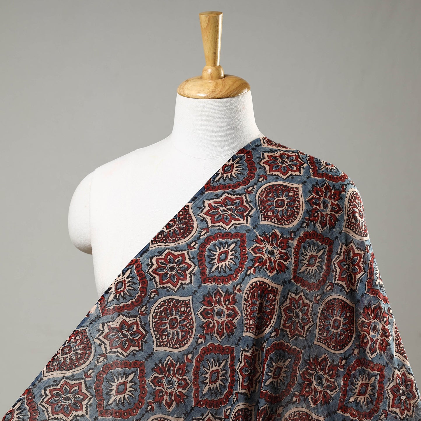 Blue with Geometrical Block Print Mul Cotton Ajrakh Fabric