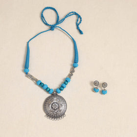 Blue - german silver necklace set with beads 49