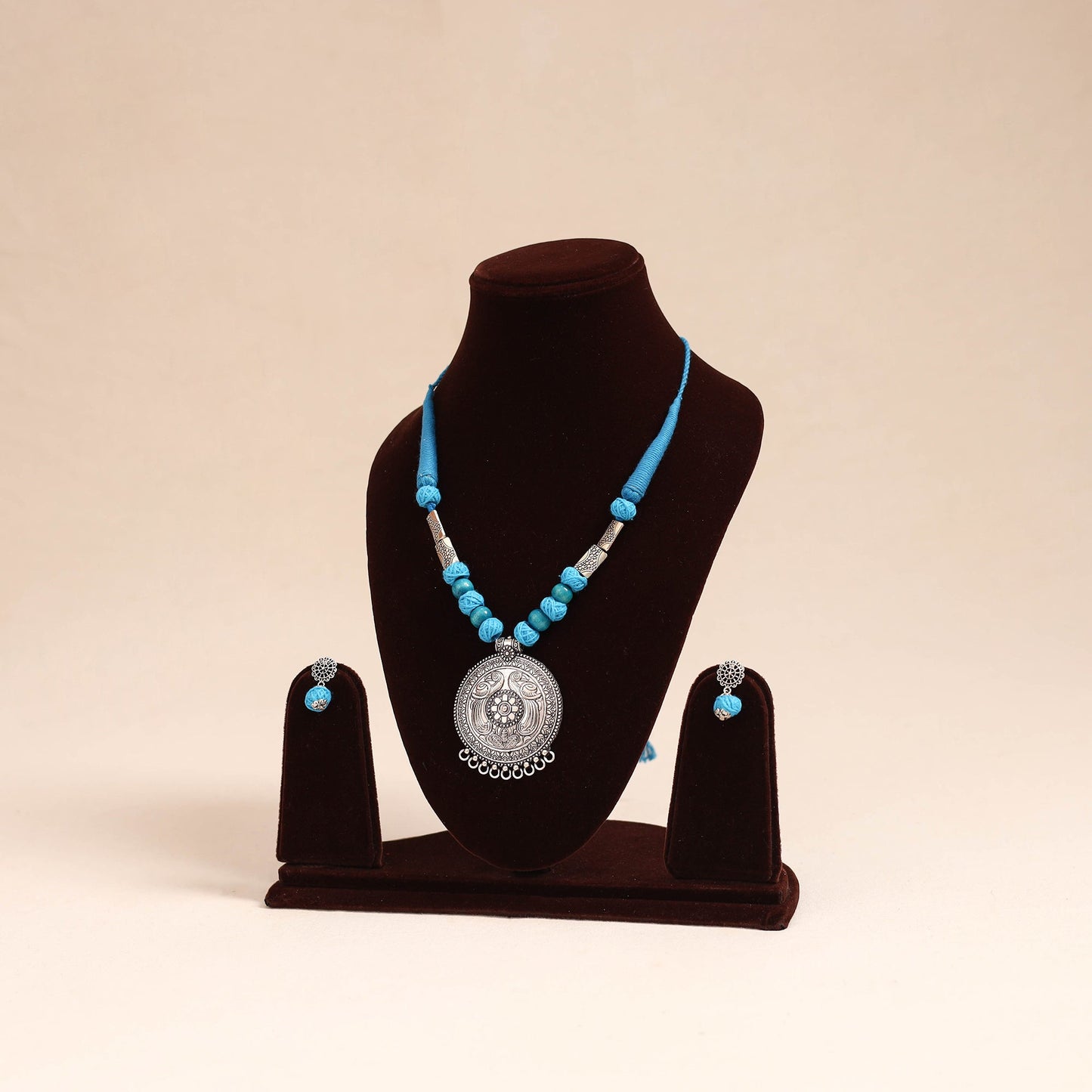 Blue - german silver necklace set with beads 49