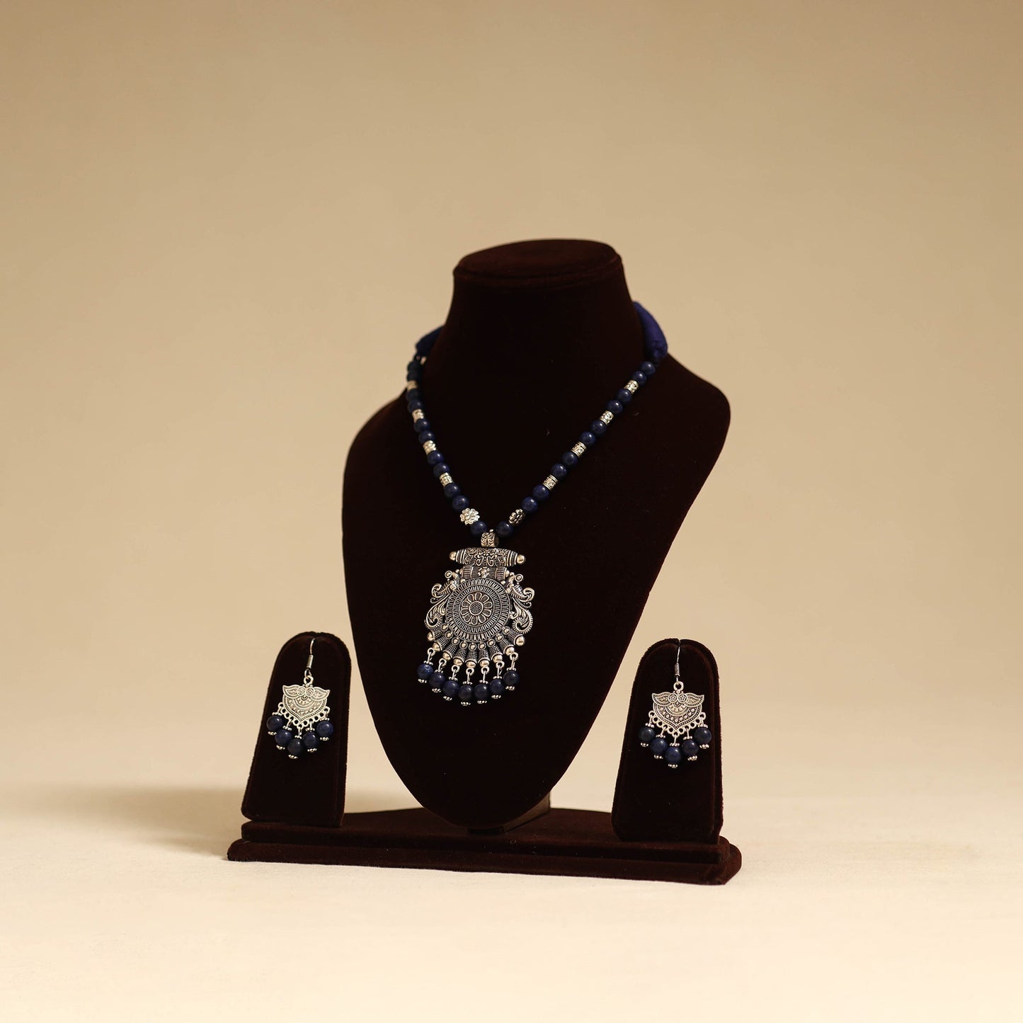 Blue - german silver necklace set with glass stones 28
