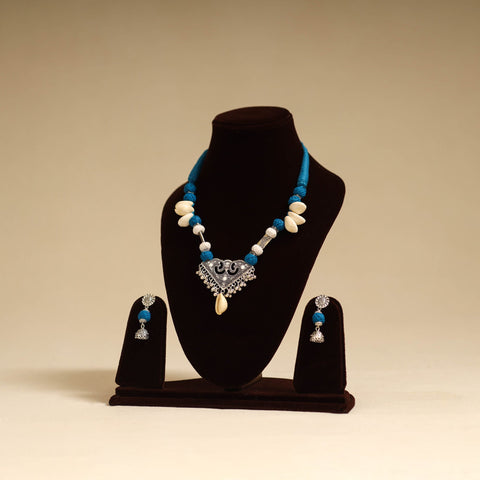 Blue - german silver necklace set with thread beads 03