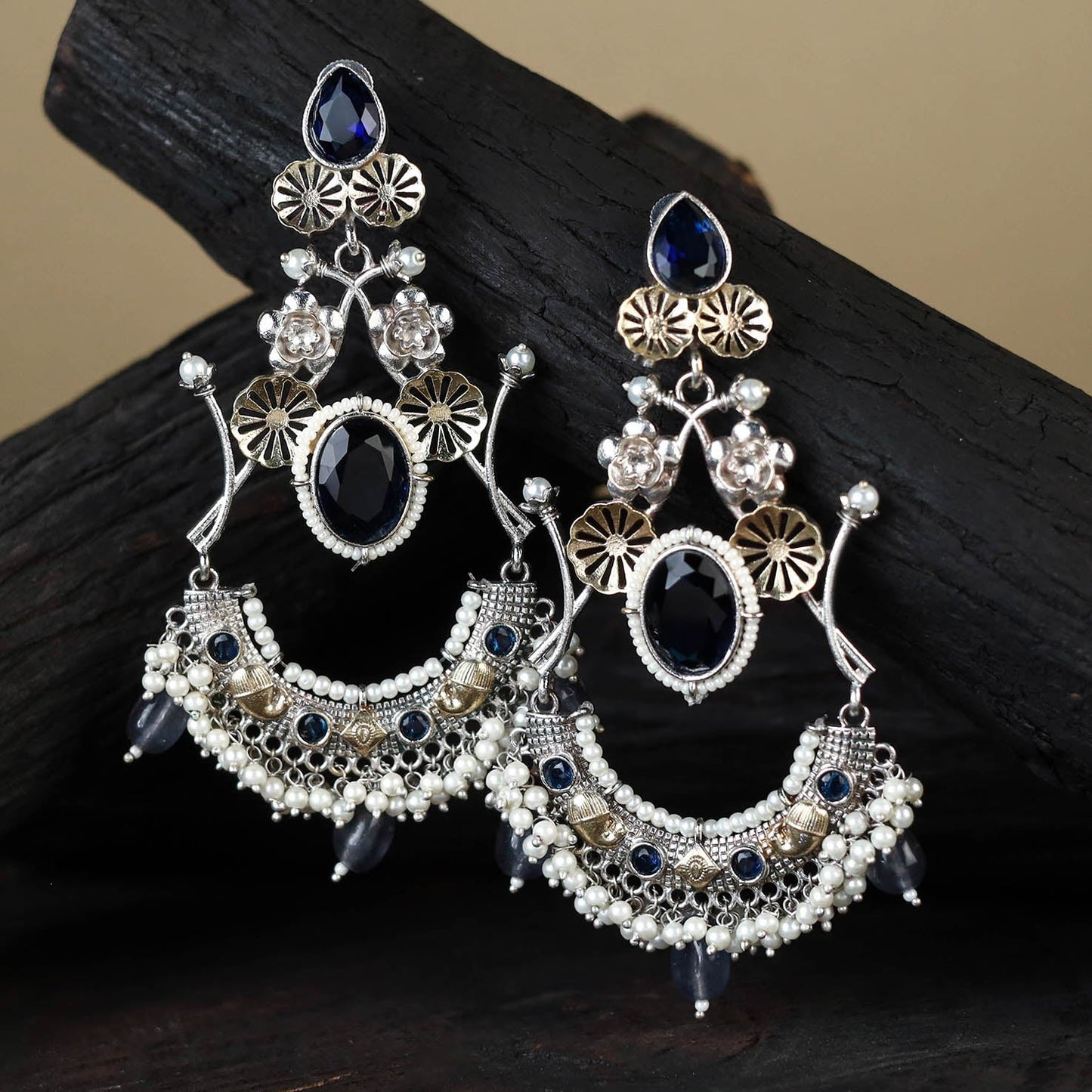 German Silver-Plated Ethnic Drop Earrings