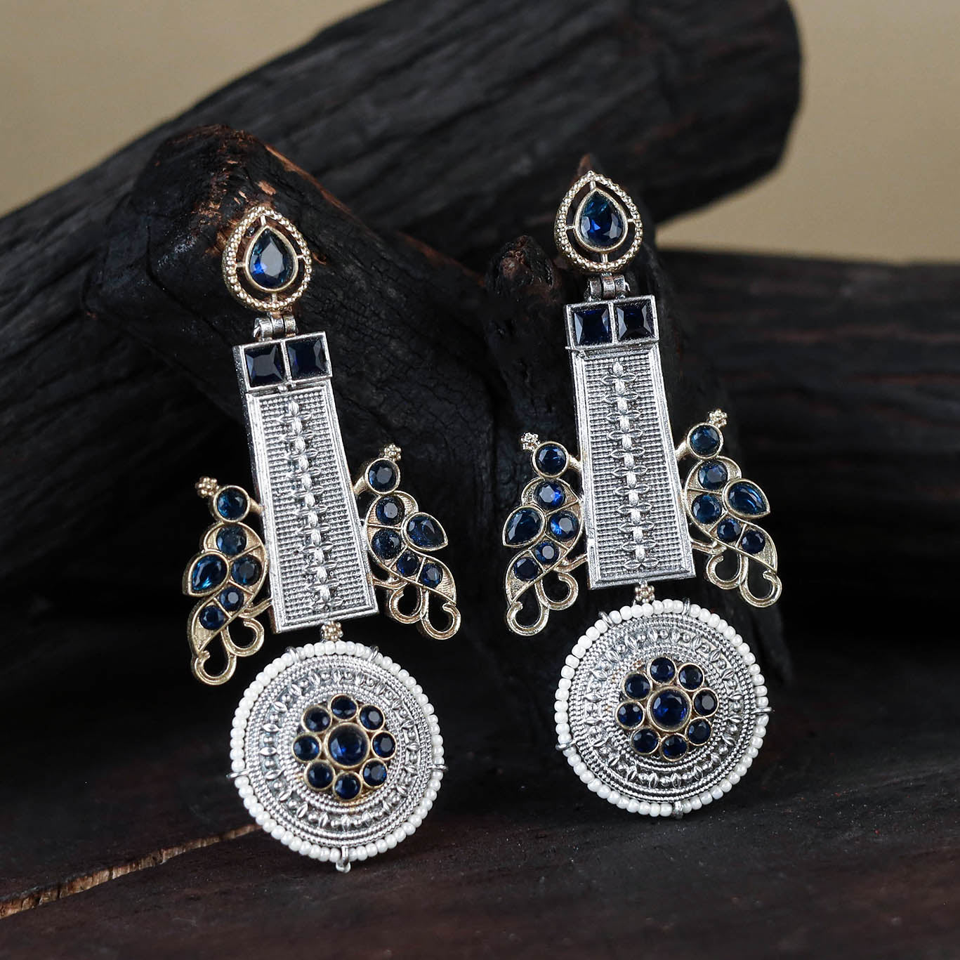 White German Silver-Plated Ethnic Drop Earrings