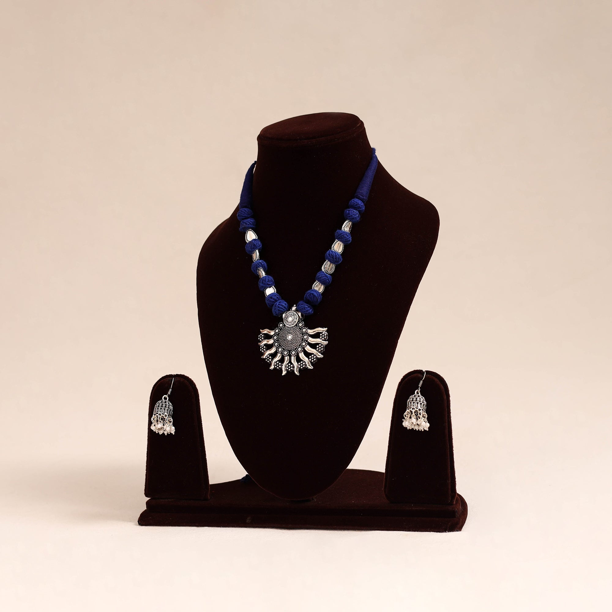 Blue - German Silver Wooden Beads Necklace Set 76