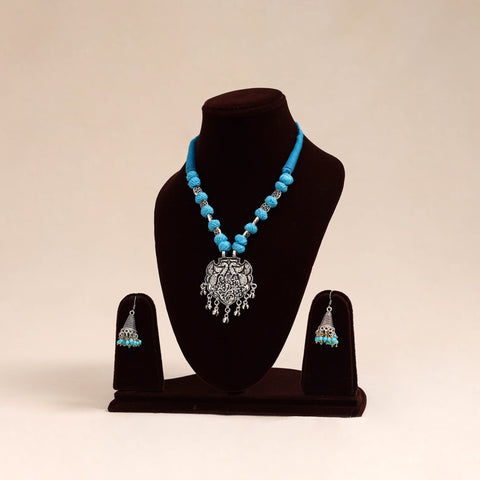 Blue German Silver Thread Beads Necklace Set