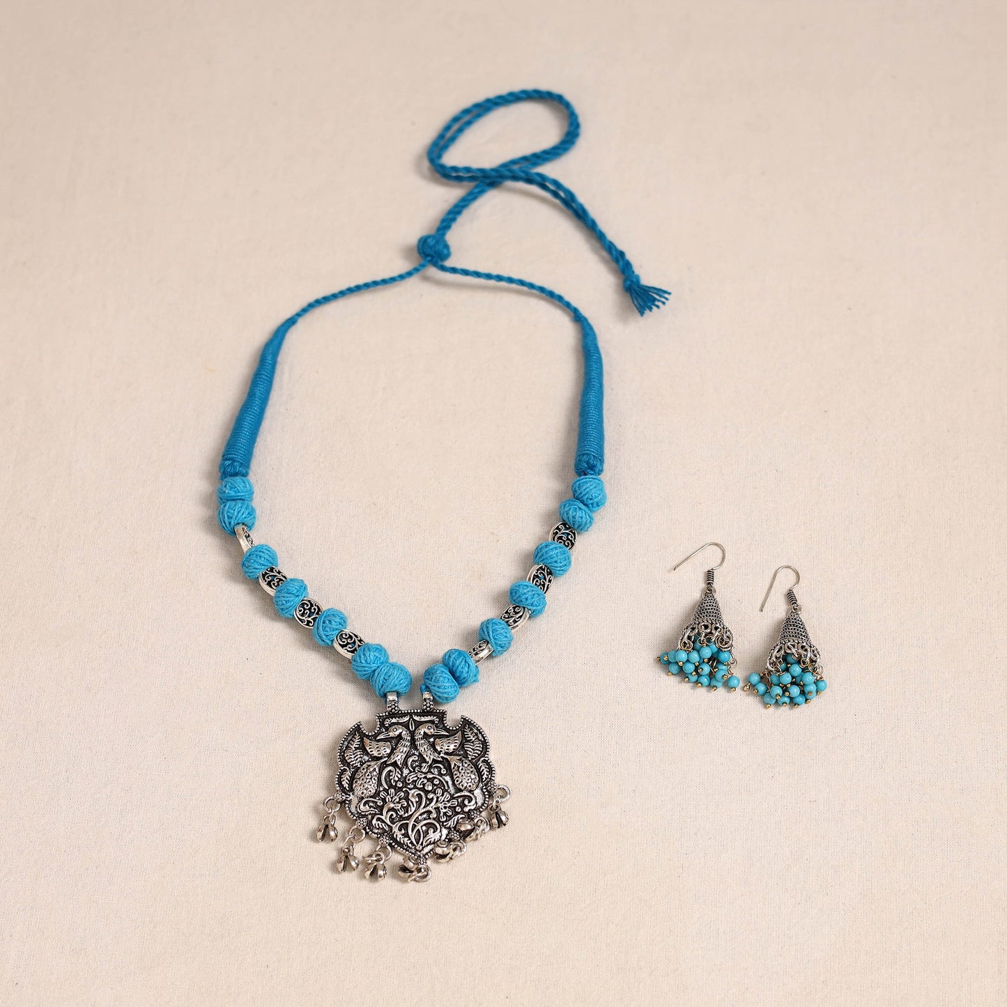Blue German Silver Thread Beads Necklace Set