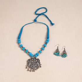 Blue German Silver Thread Beads Necklace Set
