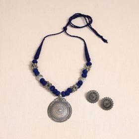 Blue German Silver Thread Beads Necklace Set