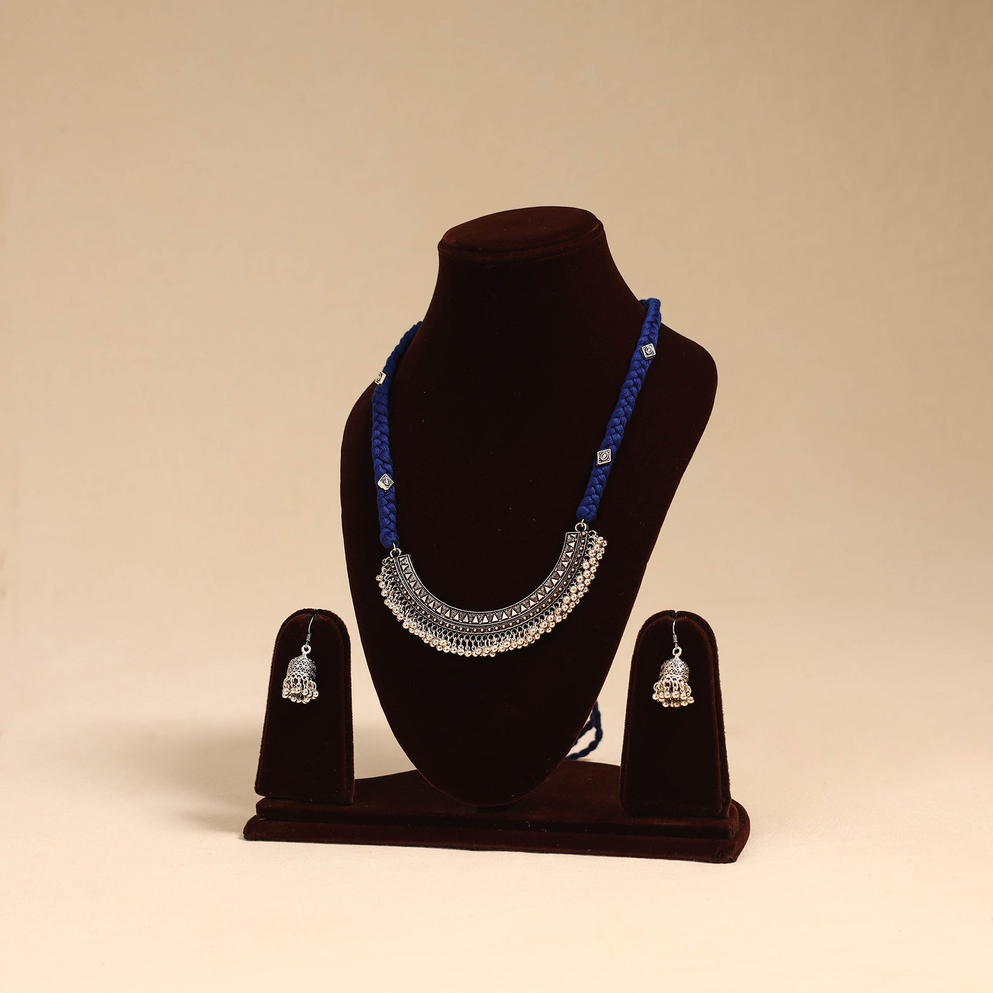 Blue - German Silver Thread Beads Necklace Set 36
