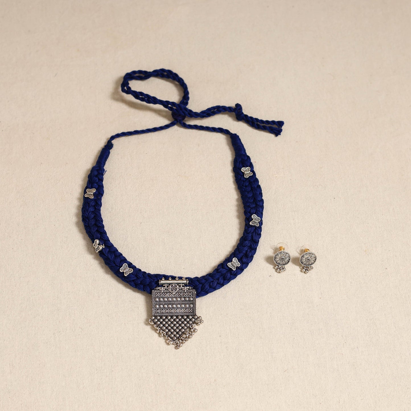 Blue - german silver thread braided necklace set 35