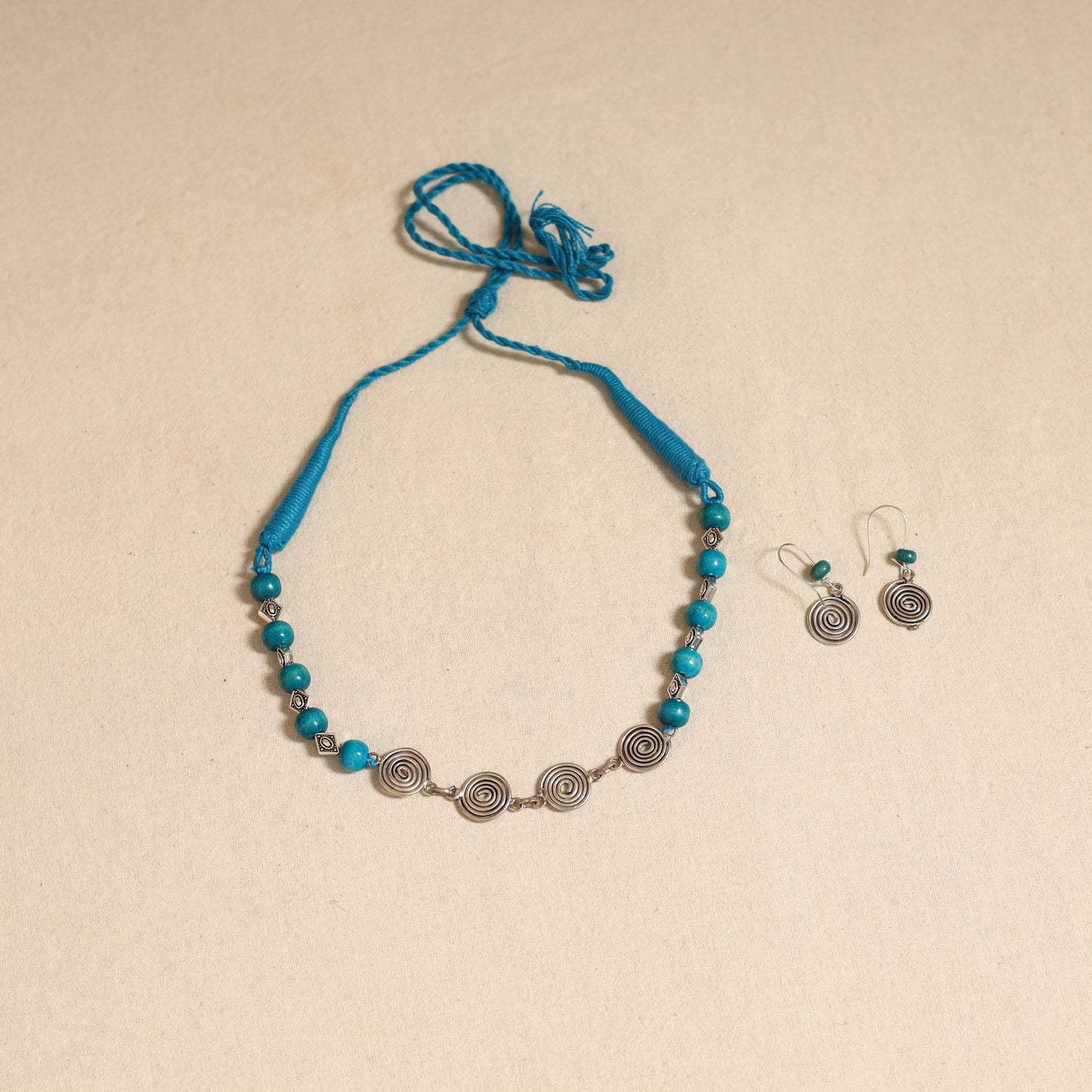 Blue - german silver wooden beads necklace set 10