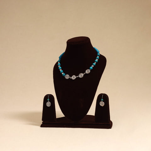 Blue - german silver wooden beads necklace set 10