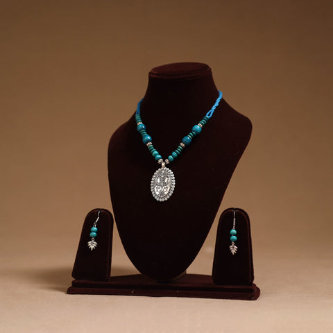 German silver wooden beads necklace set 16 - handcrafted