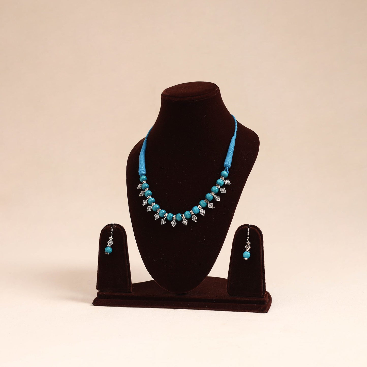 Blue - german silver wooden beads necklace set 39