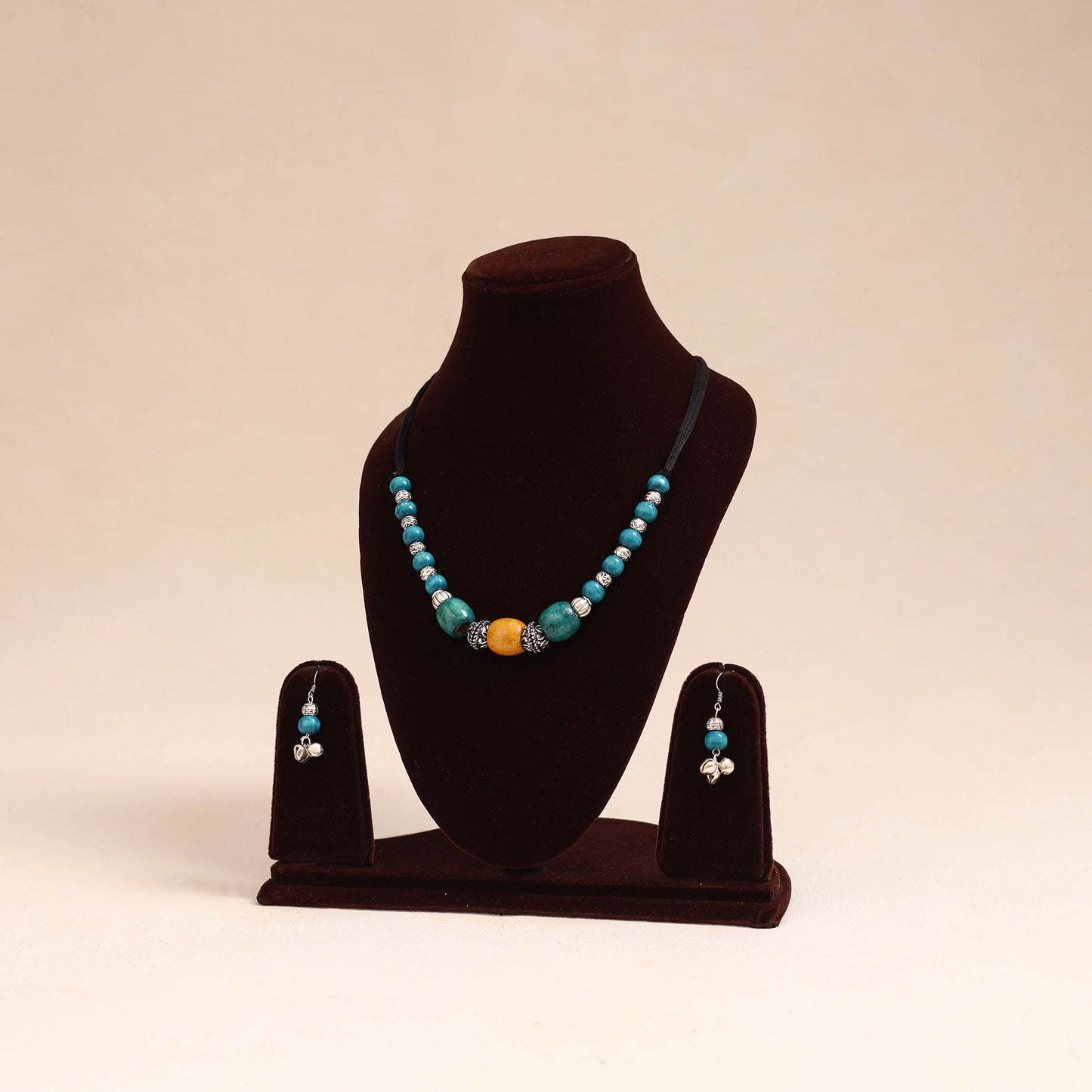 Blue - german silver wooden beads necklace set 76