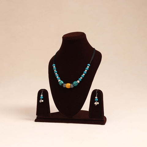 Blue - german silver wooden beads necklace set 76