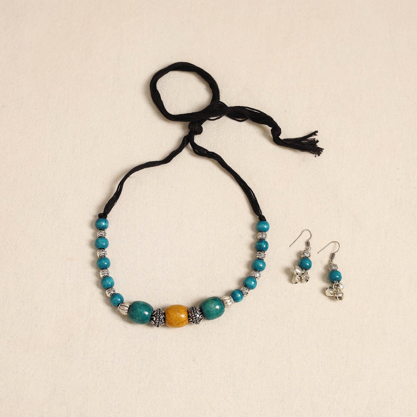 Blue - german silver wooden beads necklace set 76