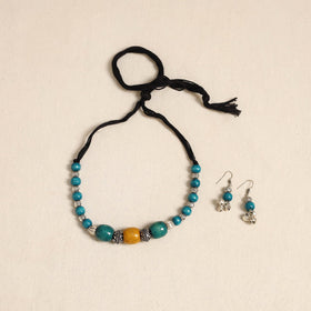 Blue - german silver wooden beads necklace set 76