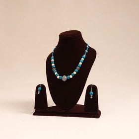 Blue - german silver wooden beads necklace set 81