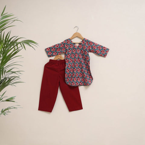 Blue - girls floral pure cotton kurta set (2-6 years) 02