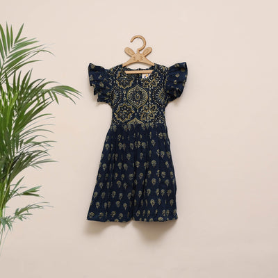 Blue - girls pure cotton ajrakh hand block print frock