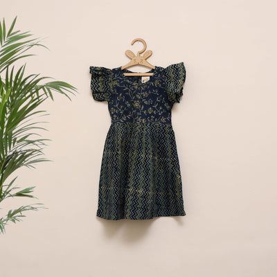 Blue - girls pure cotton ajrakh hand block print frock
